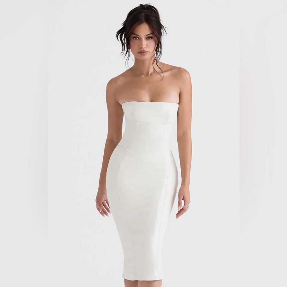 HOUSE OF CB 'Camilla' Ivory Vegan Leather Strapless Dress NWOT - Picture 3 of 15